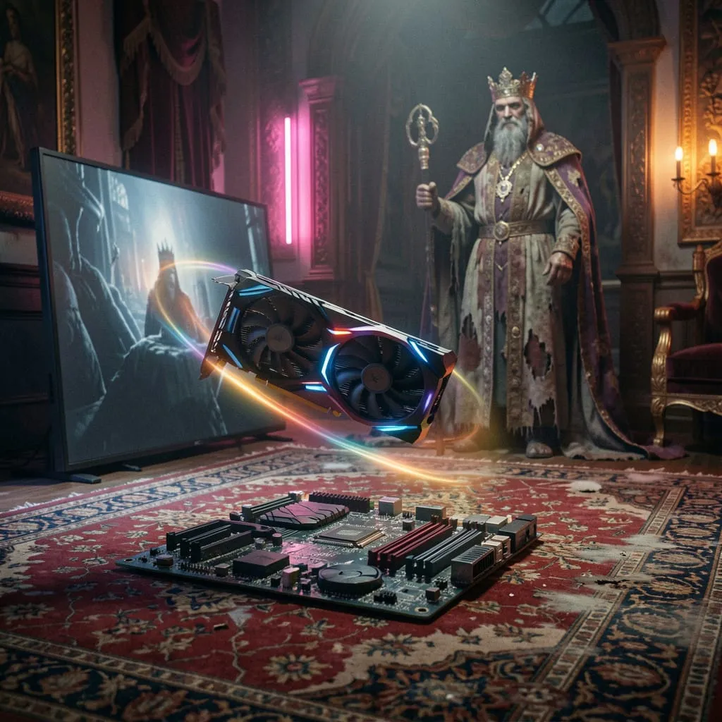 Solemn Cinematic Shot A Graphics Card Orbits A Motherboard On A Royal Worn Carpet Giant Screen Nearb par +.Hannache Khebbab