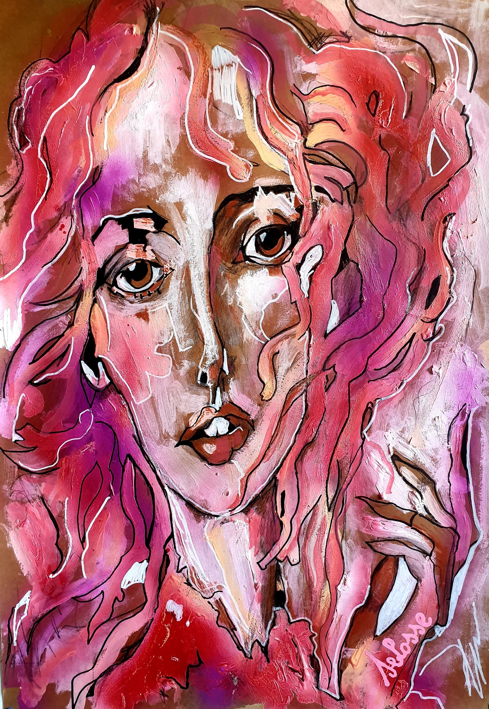 Portrait Janis Joplin Expression Cheveux Roses Selosse Art Bruxelles