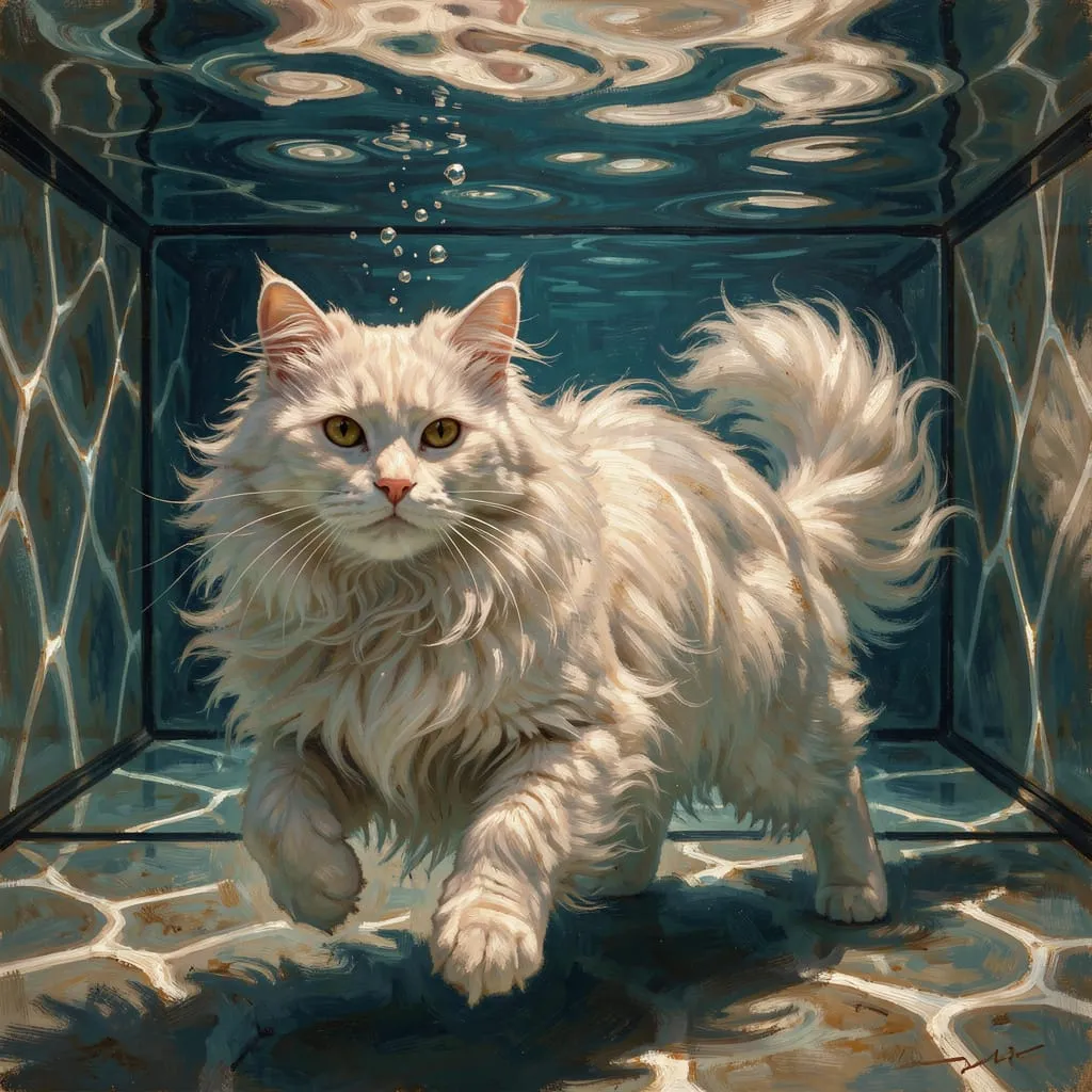A Magnificent Long Haired Angora Cat With Pristine Voluminous White Fur Flowing Elegantly Underwater par +.Hannache Khebbab