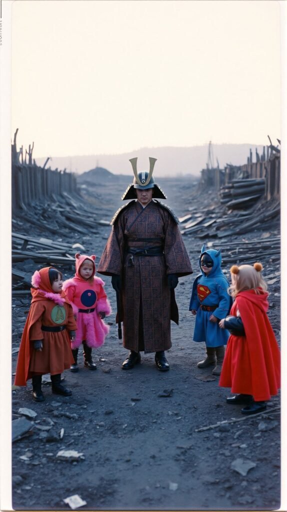 Portrait Photo Polaroid CreeunephotodartdanslestyledesfilmdeMichalChelbindansunchampdebatailleenruineaucentreunsamouraidansunkimonomagnifiqueentourepardesenfantshabille 574x1024 par laurent vo anh