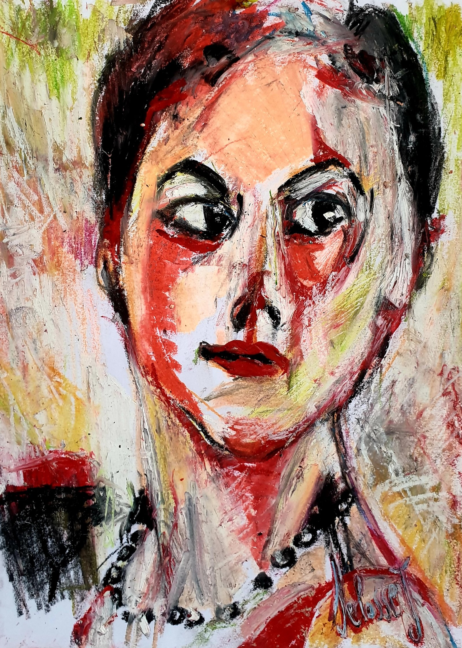 Portrait Coco Chanel Collier Perles Expressionniste Selosse Art Bruxelles