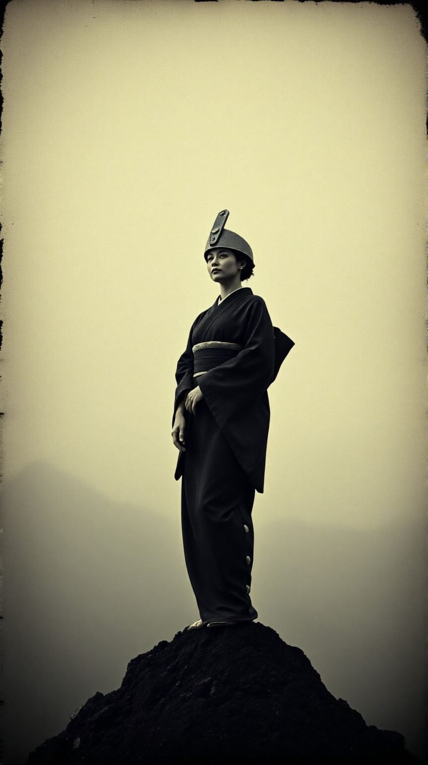 PhotoargentiquedanslestyledeKikujiKawadaunefemmeaveckimononoiretblancethautchapeauetrangedesciencefictionelleestausommetdunpicdemontagnefaitdecharbonnoir 3 861x1536 par laurent vo anh