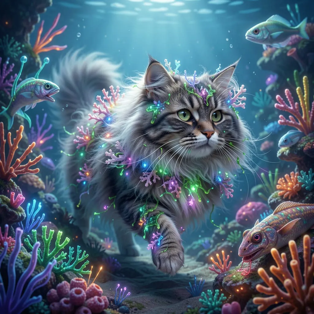 A Majestic Angora Cat With Flowing Ethereal Fur Adorned With Bioluminescent Algae And Delicate Coral par +.Hannache Khebbab