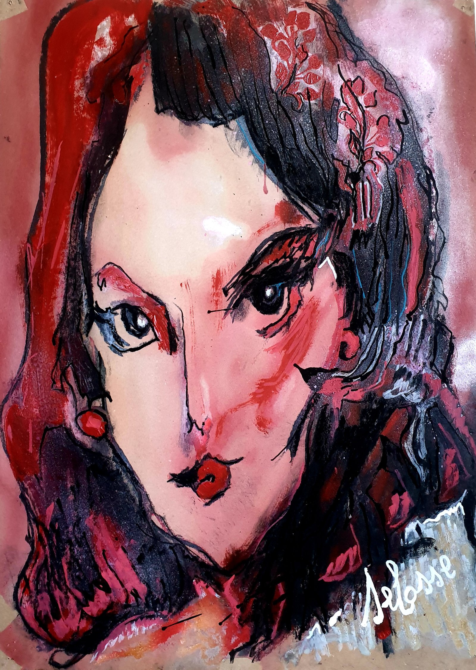 Portrait Femme Rouge Dentelle Expressionnisme Graphique Selosse Bruxelles par Jérôme Selosse