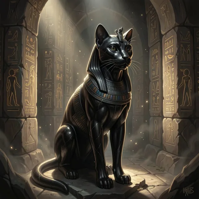 A Majestic Ancient Egyptian Cat Statue Carved From Obsidian Stands Guard In A Hidden Chamber Filled  par +.Hannache Khebbab